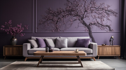Against an elegant lavender feature wall, a wooden-framed sofa in dark oak is the centerpiece beneath a 3D plane tree pattern with silver bark - obrazy, fototapety, plakaty