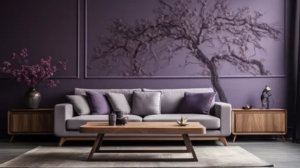 Fotobehang Oud vliegtuig Against an elegant lavender feature wall, a wooden-framed sofa in dark oak is the centerpiece beneath a 3D plane tree pattern with silver bark