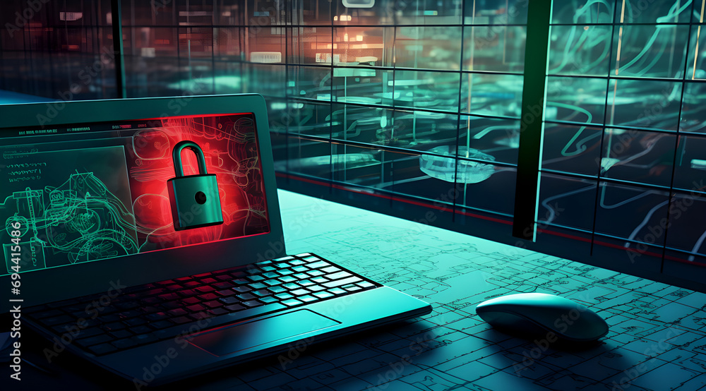 Poster cybersecurity - a laptop with a green padlock on the screen, suggesting computer security and data p