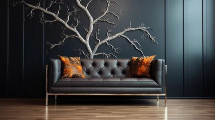 Papier Peint photo Ancien avion Envision a 3D plane tree pattern with holographic silver bark on a midnight black wall, providing a striking backdrop to a mahogany wooden sofa
