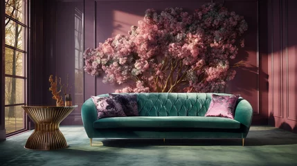 Cercles muraux Ancien avion In a room bathed in soft mauve, a 3D plane tree pattern with holographic bark hangs over an opulent forest green velvet sofa