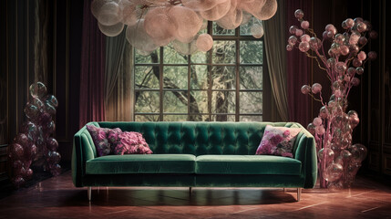 In a room bathed in soft mauve, a 3D plane tree pattern with holographic bark hangs over an opulent forest green velvet sofa