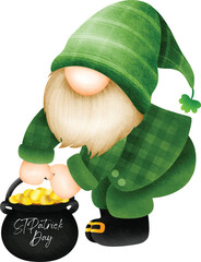 cheerful gnome dressed in a green suit and hat kneels beside a pot of overflowing gold coins. Cute gnome for St Patrick