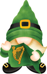 gnome in a green suit and hat with a mustache is holding an Irish flag at St. Patrick's Day.