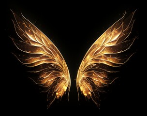 Big gold shimmering fairy wings on black background, element for masking or photo zone - obrazy, fototapety, plakaty