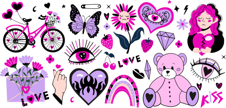 Set of y2k pink girly clipart. emo sad girls in love, heart, letter, bicycle. Valentine's day collection. Vector.