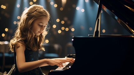 A girl performing on stage and is getting ready to play the piano, piano and microphone, a live performance, young and talented - Powered by Adobe