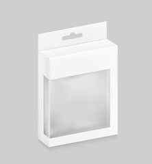 White package box with hang slot and transparent window mockup for electronic accessories. Half side view. Vector illustration isolated on grey background. Ready and simple to use for your design. 