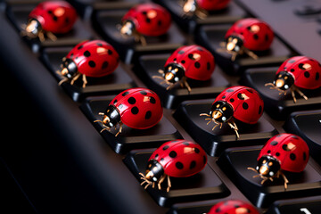 Bug in computer - red ladybugs with black dots on a black computer keyboard. The bugs are walking on and around the keyboard buttons