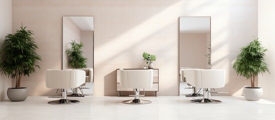 Modern beauty salon interior with mirrors and seating.