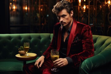 Dapper male model in a velvet smoking jacket at a lounge - obrazy, fototapety, plakaty