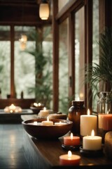 Fototapeta premium Close-up of a lot of burning scented candles, beauty treatment items for spa procedures in a beauty salon. Skin care, Spa, youth, bathroom, relaxation, relaxation concepts.