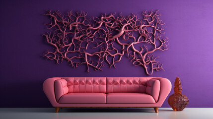 3D design of a plane tree's bark pattern on a royal purple sofa against a lilac wall, complemented by a coral sofa.