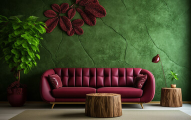 vibrant green wall sets the stage for a 3D plane tree pattern, its bark adorning a rich burgundy suede sofa in a cozy corner