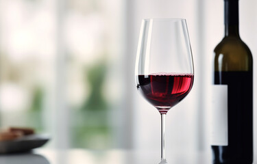 Pouring red wine from bottle into glass on blurred white kitchen background soft light created with Generative Ai
