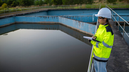 Environmental engineers work at wastewater treatment plants,Water supply engineering working at Water recycling plant for reuse