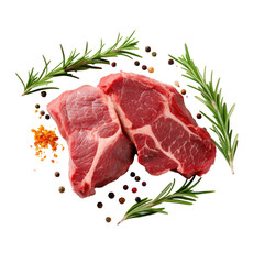 Fresh raw meat with rosemary and spices on a white background