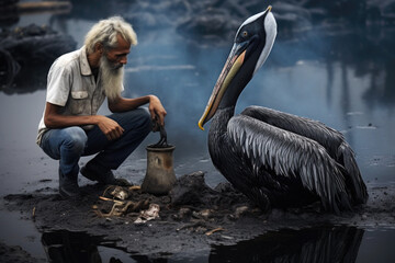 Eco activists helping the pelican bird after oil spill. Environmental pollution concept - obrazy, fototapety, plakaty