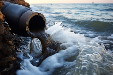 Discharge of waste through a pipe directly into water, environmental pollution - obrazy, fototapety, plakaty