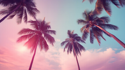 Fototapeta na wymiar Coconut palm trees on pink sky background. Vintage toned