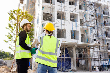 Engineers and Architect Caucasian looking at blueprint of building construction, planning the work in a professional. inspector is looking at steel structure and materials at construction site.