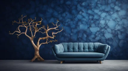 Cercles muraux Ancien avion 3D visualization of a plane tree with mottled bark on a navy blue sofa against a sky-blue wall.