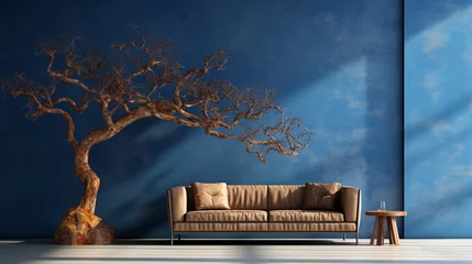 Photo sur Plexiglas Ancien avion 3D visualization of a plane tree with mottled bark on a navy blue sofa against a sky-blue wall.