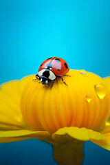 a ladybug close to yellow flower in a colorful background in an odd pattern created with Generative Ai