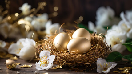 Golden Easter eggs in nest with jasmine flowers on wooden background