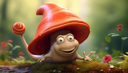 Enchanting Snail Character with Mushroom Hat - Generative Ai