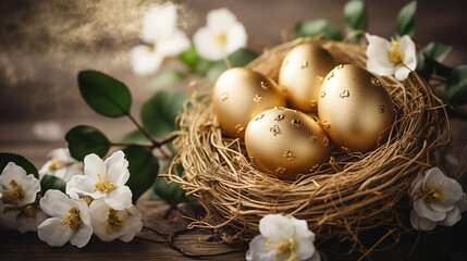 Golden Easter eggs in nest with blooming jasmine flowers on wooden background