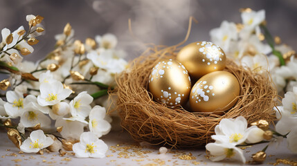 Golden Easter eggs in nest with blooming jasmine flowers on wooden background