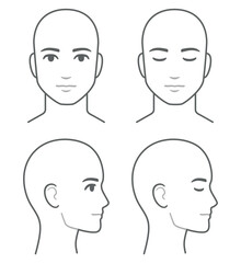 Man face and head profile diagram (without hair), eyes open and closed. Blank male head template for medical infographic. Isolated vector illustration.