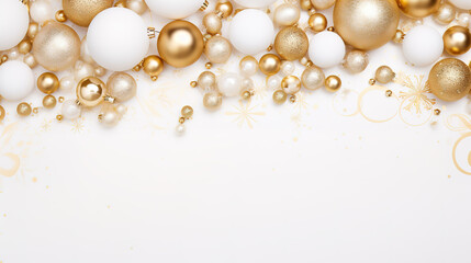 Fototapeta na wymiar Christmas background with white and gold baubles and golden decorations.