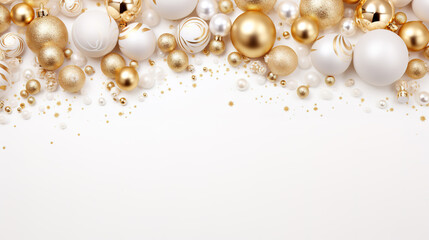 Christmas background with white and gold baubles and golden decorations.