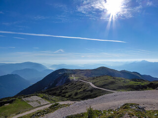 Panoramic hiking trail to summit of Dobratsch, Villacher Alps, Carinthia, Austria, Europe. Scenic...