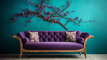 A 3D plane tree pattern in shades of amethyst sprawls across a teal wall, harmonizing with a wooden-framed sofa in rustic pine
