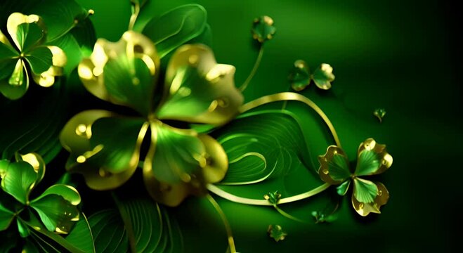Stylized gold and green clover leaves on a dark green background with abstract patterns. The concept of celebrating St. Patrick's Day.