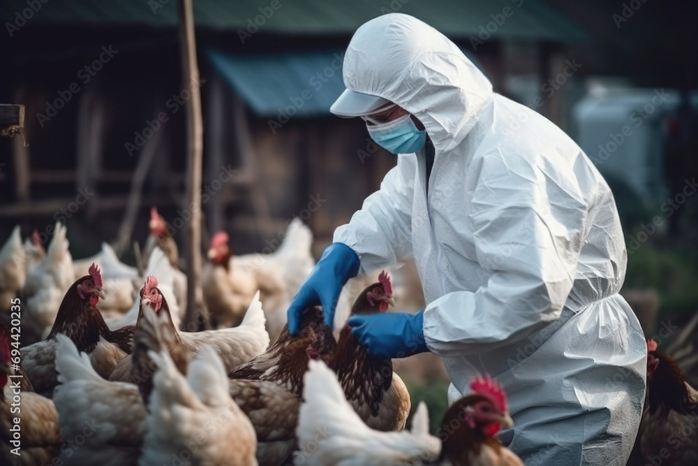 Wall mural veterinarian in protective equipment inspecting the poultry at chicken farm, bird flu infection