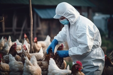 Veterinarian in protective equipment inspecting the poultry at chicken farm,  bird flu infection - Powered by Adobe
