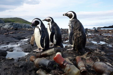 Naklejka premium Penguins next to the waste pipe, environmental pollution, and destroying the natural wild life habitat concept