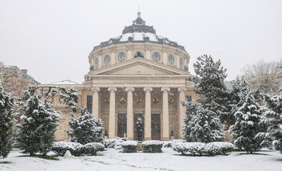 Winter snowfall photo in Bucharest. Beautiful wide angle view during a snowfall over Romanian...