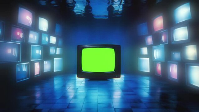 Retro futuristic vintage tv, television with a green screen in a dreamy room with a lot of screens. 