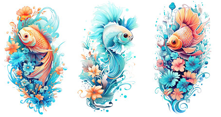 Cartoon colorful tropical tattoo with a fish and flowers. aquamarine Style illustration - Collection Isolated on transparent background