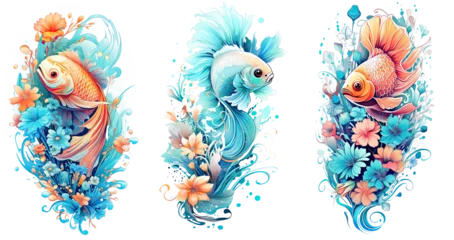 Papier Peint photo Vie marine Cartoon colorful tropical tattoo with a fish and flowers. aquamarine Style illustration - Collection Isolated on transparent background