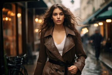 Female model in a classic trench coat on a rainy city street - obrazy, fototapety, plakaty