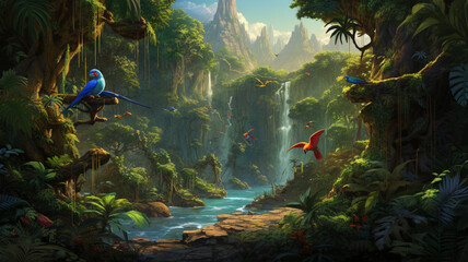 Jungle. Jungle with a waterfall. Parrots flying in the jungle. Tropical forest. Tropics.
