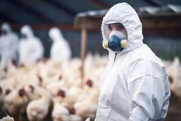 Veterinarian in protective equipment inspecting the poultry at chicken farm,  bird flu infection - obrazy, fototapety, plakaty