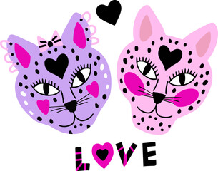 Vector illustration with cartoon tigers with hearts. Valentines Day concept. Cute Pink cat in love