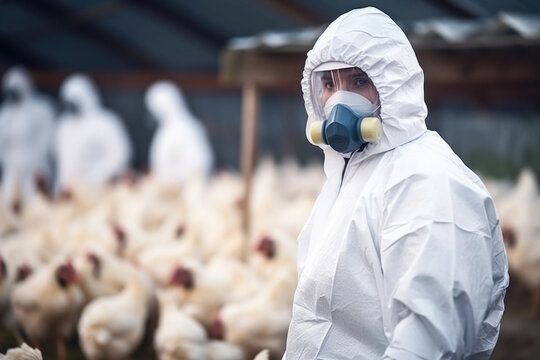 Veterinarian in protective equipment inspecting the poultry at chicken farm,  bird flu infection